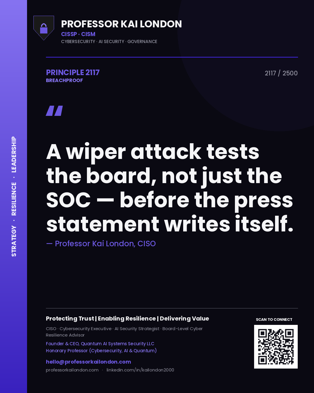 Professor Kai London principle 2117: A wiper attack tests the board, not just the SOC — before the press statement writes itself.