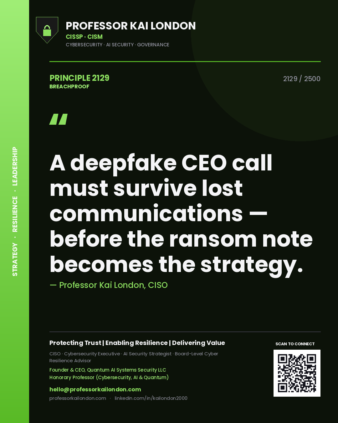 Quote card by Professor Kai London reading 'A deepfake CEO call must survive lost communications — before the ransom note becomes the strategy.'. From the book Breachproof.
