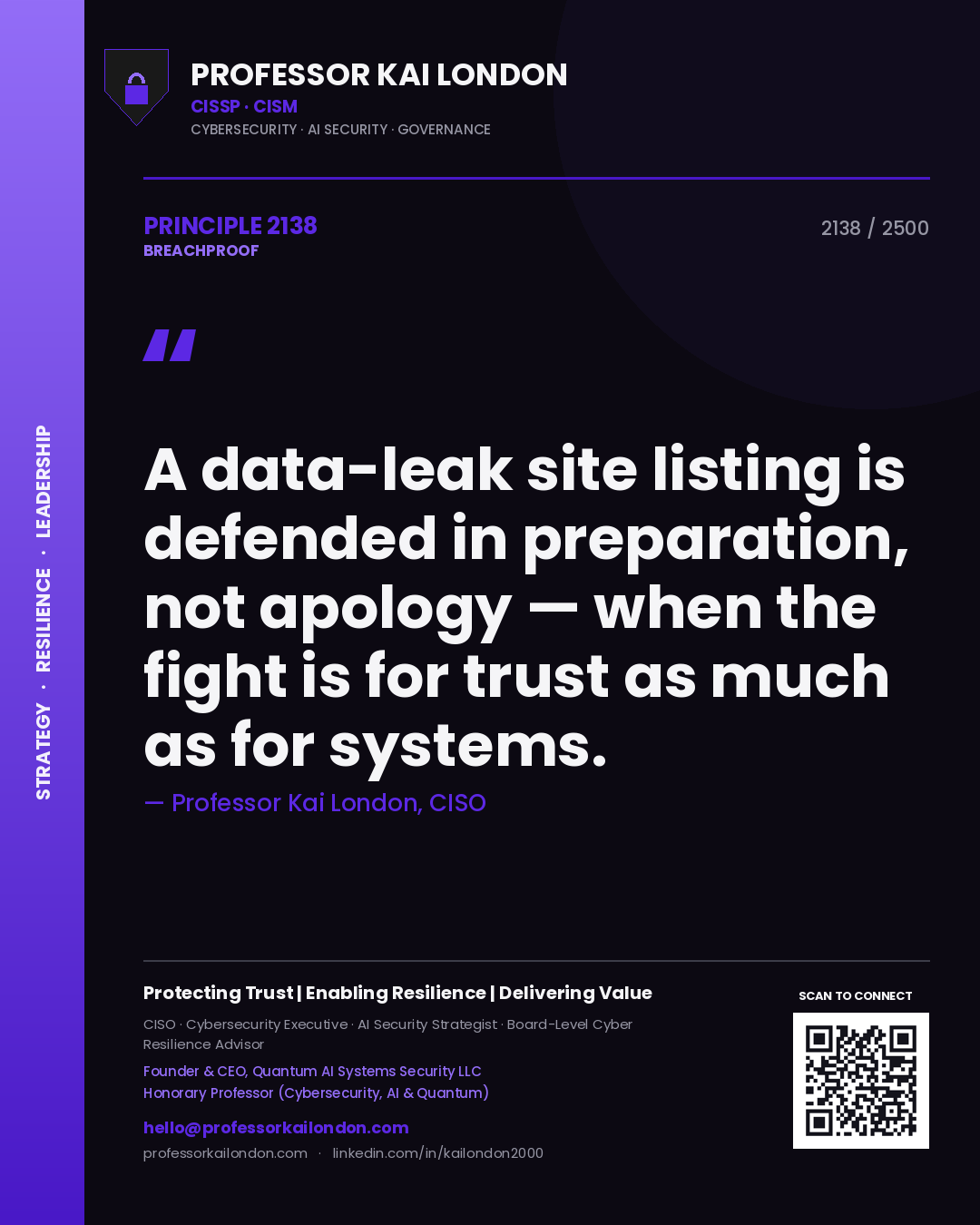 Professor Kai London principle 2138: A data-leak site listing is defended in preparation, not apology — when the fight is for trust as much as for systems.