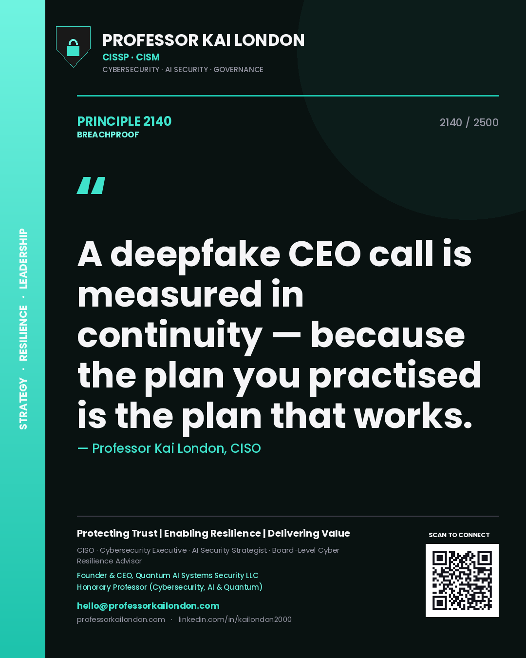 Professor Kai London principle 2140: A deepfake CEO call is measured in continuity — because the plan you practised is the plan that works.