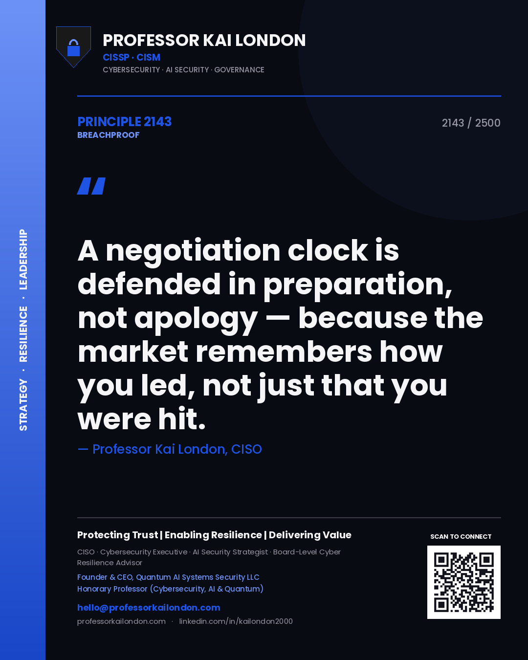 Quote card by Professor Kai London reading 'A negotiation clock is defended in preparation, not apology — because the market remembers how you led, not just that you were hit.'. From the book Breachproof.