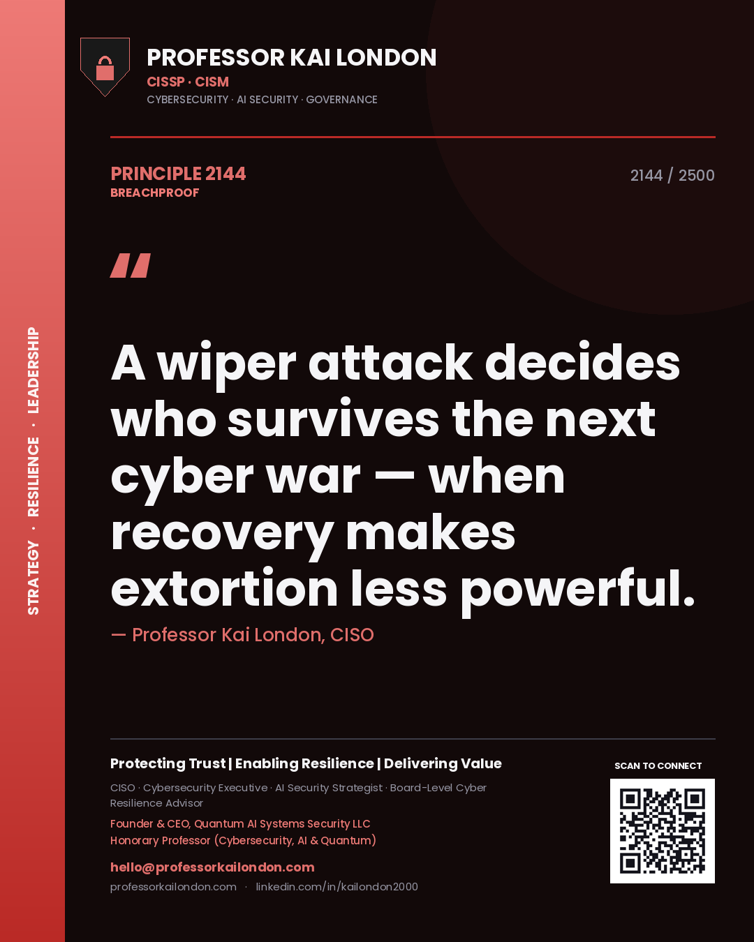 Quote card by Professor Kai London reading 'A wiper attack decides who survives the next cyber war — when recovery makes extortion less powerful.'. From the book Breachproof.