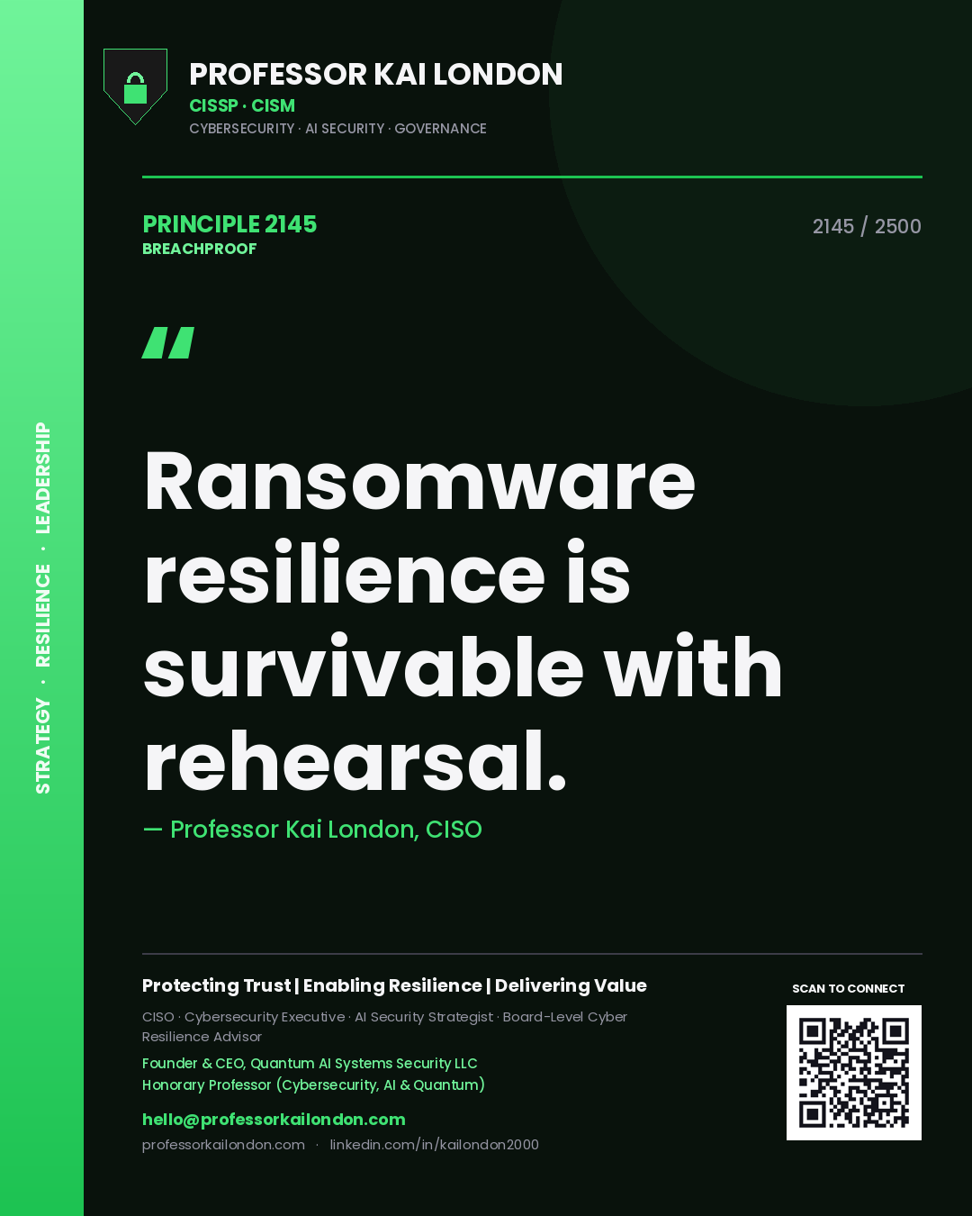 Professor Kai London principle 2145: Ransomware resilience is survivable with rehearsal.
