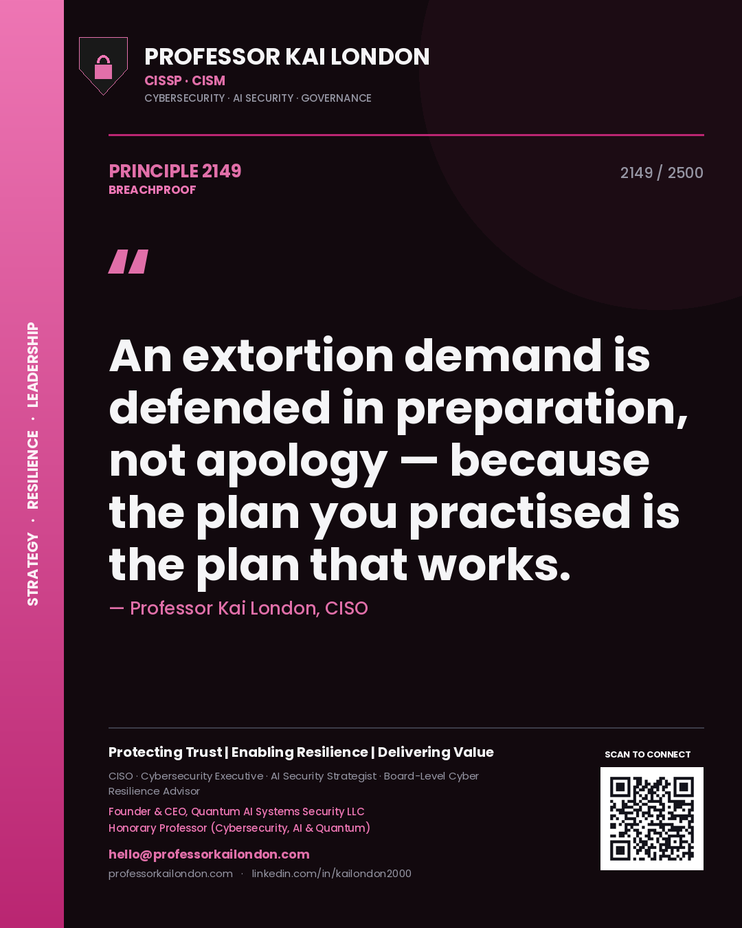 Quote card by Professor Kai London reading 'An extortion demand is defended in preparation, not apology — because the plan you practised is the plan that works.'. From the book Breachproof.