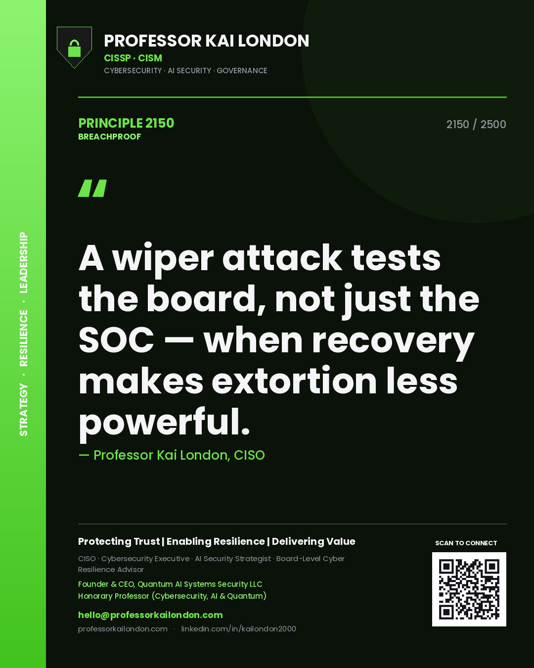 Quote card by Professor Kai London reading 'A wiper attack tests the board, not just the SOC — when recovery makes extortion less powerful.'. From the book Breachproof.