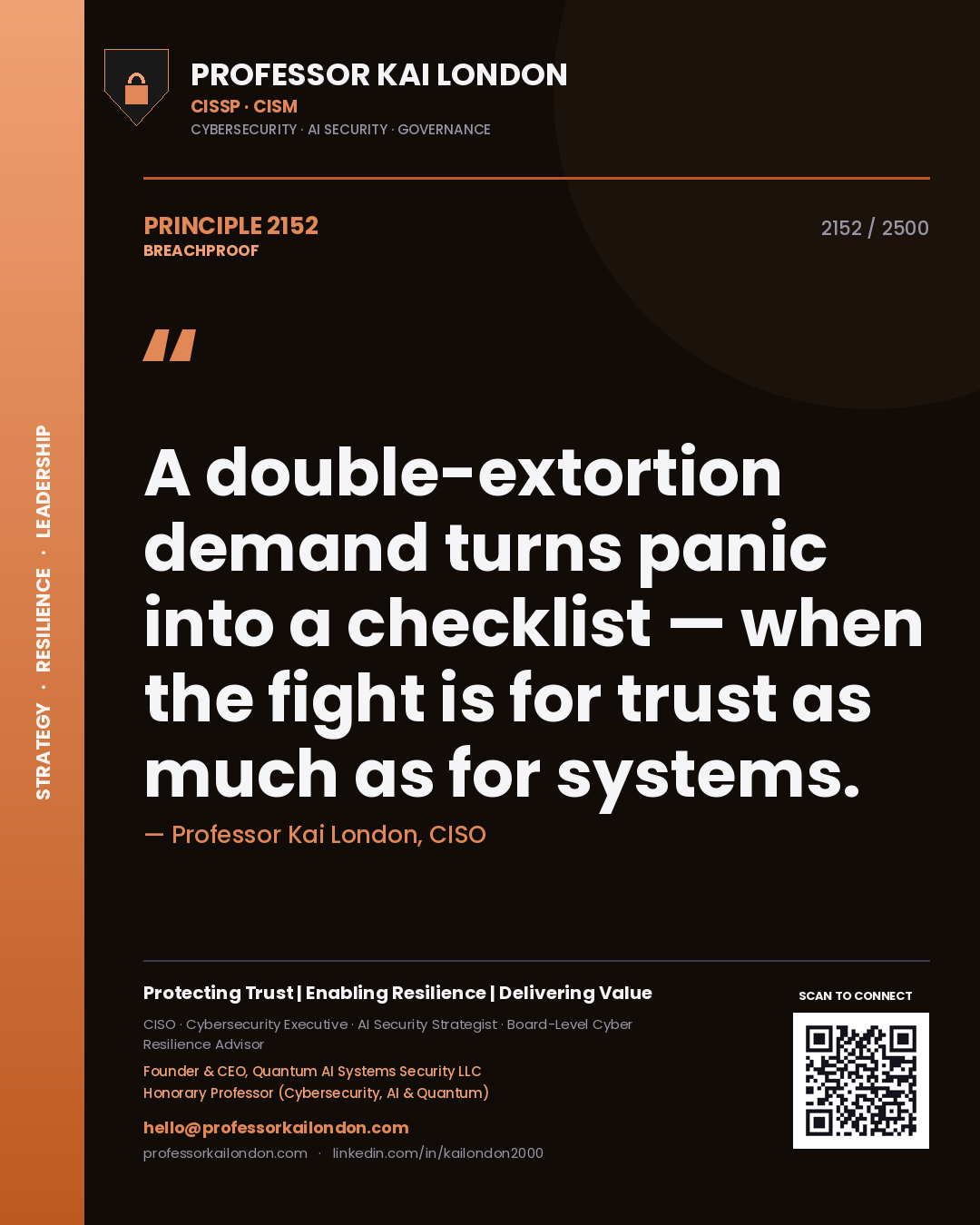 Quote card by Professor Kai London reading 'A double-extortion demand turns panic into a checklist — when the fight is for trust as much as for systems.'. From the book Breachproof.