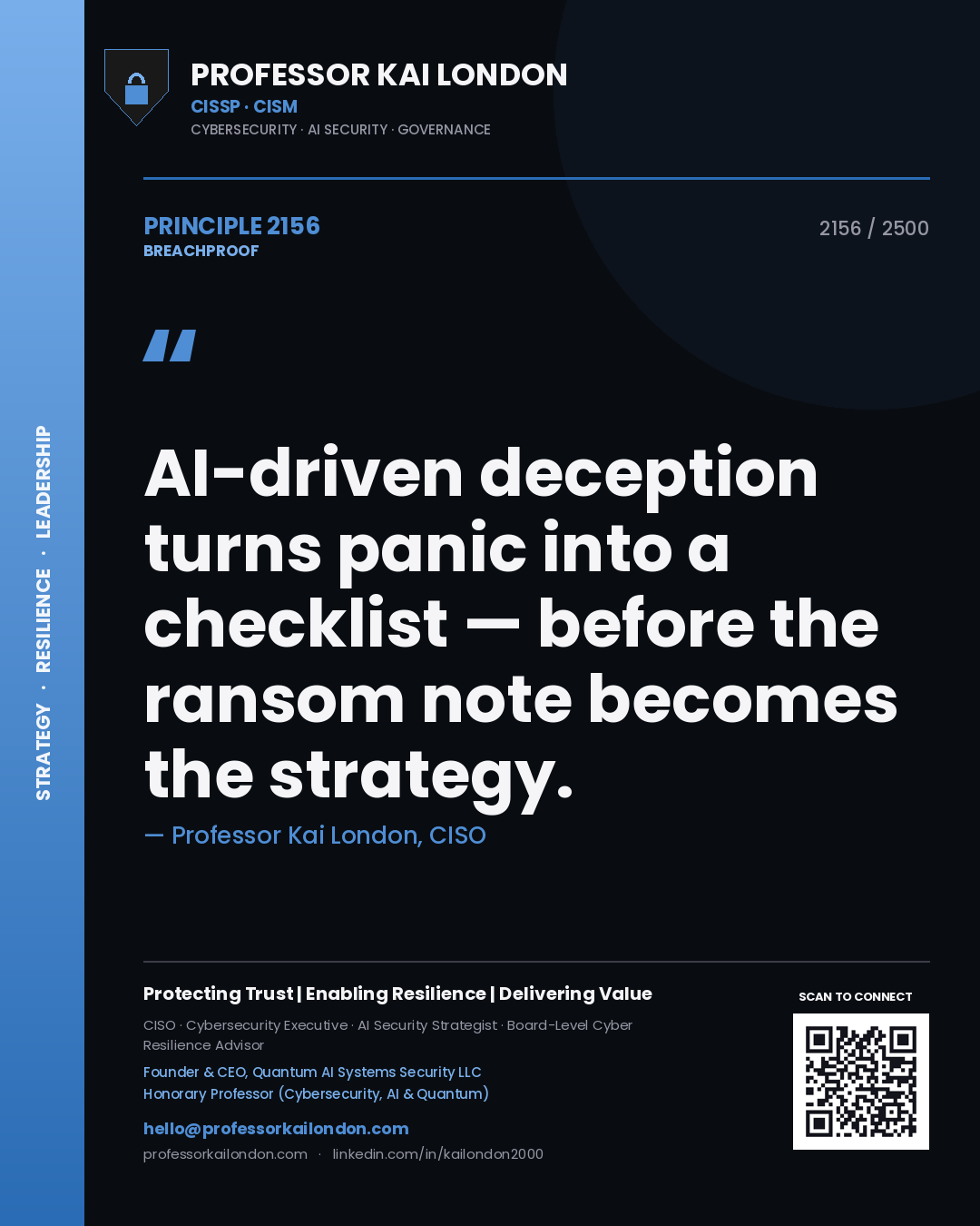 Professor Kai London principle 2156: AI-driven deception turns panic into a checklist — before the ransom note becomes the strategy.