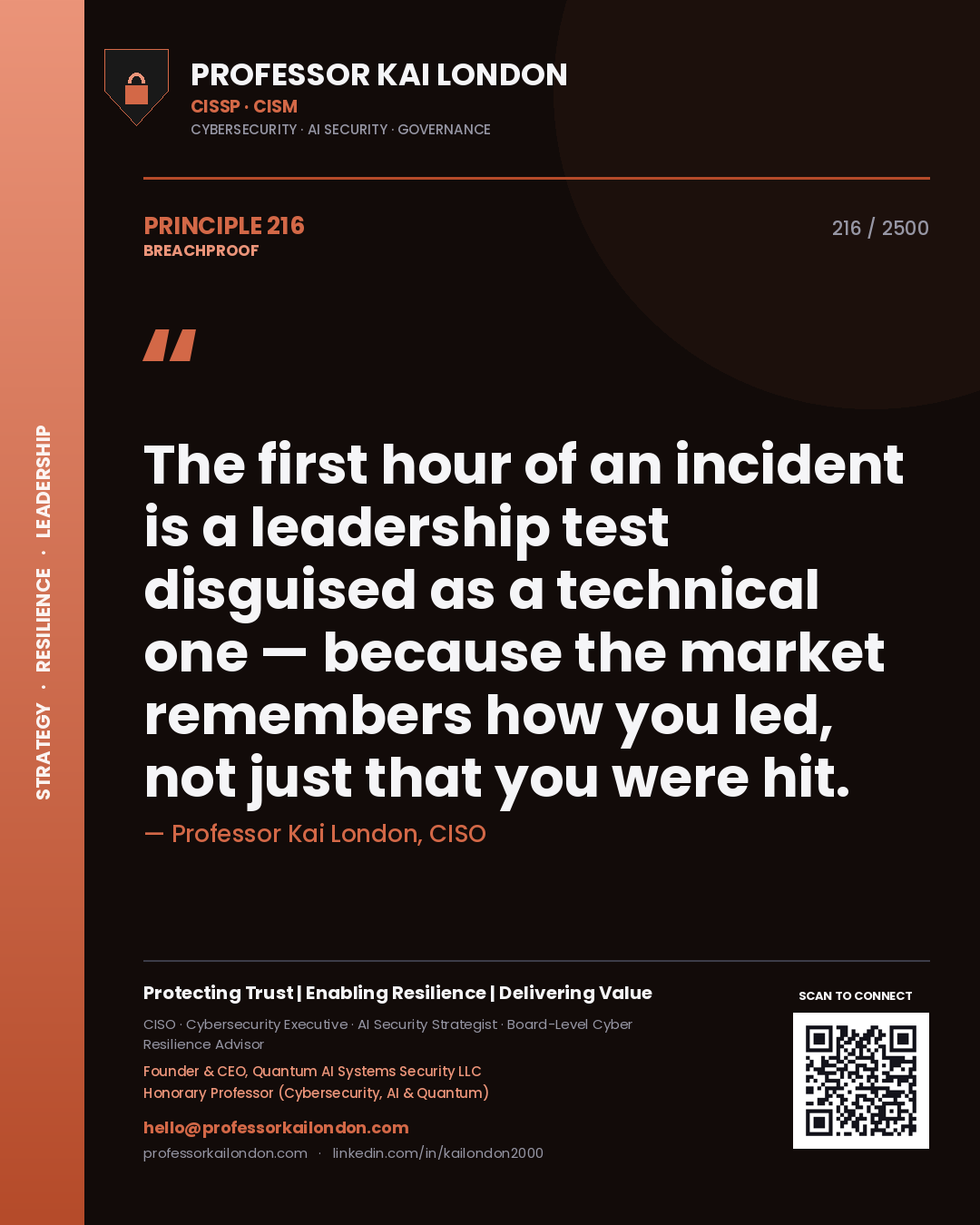 Professor Kai London principle 216: The first hour of an incident is a leadership test disguised as a technical one — because the market remembers how you led, not just that you were hit.