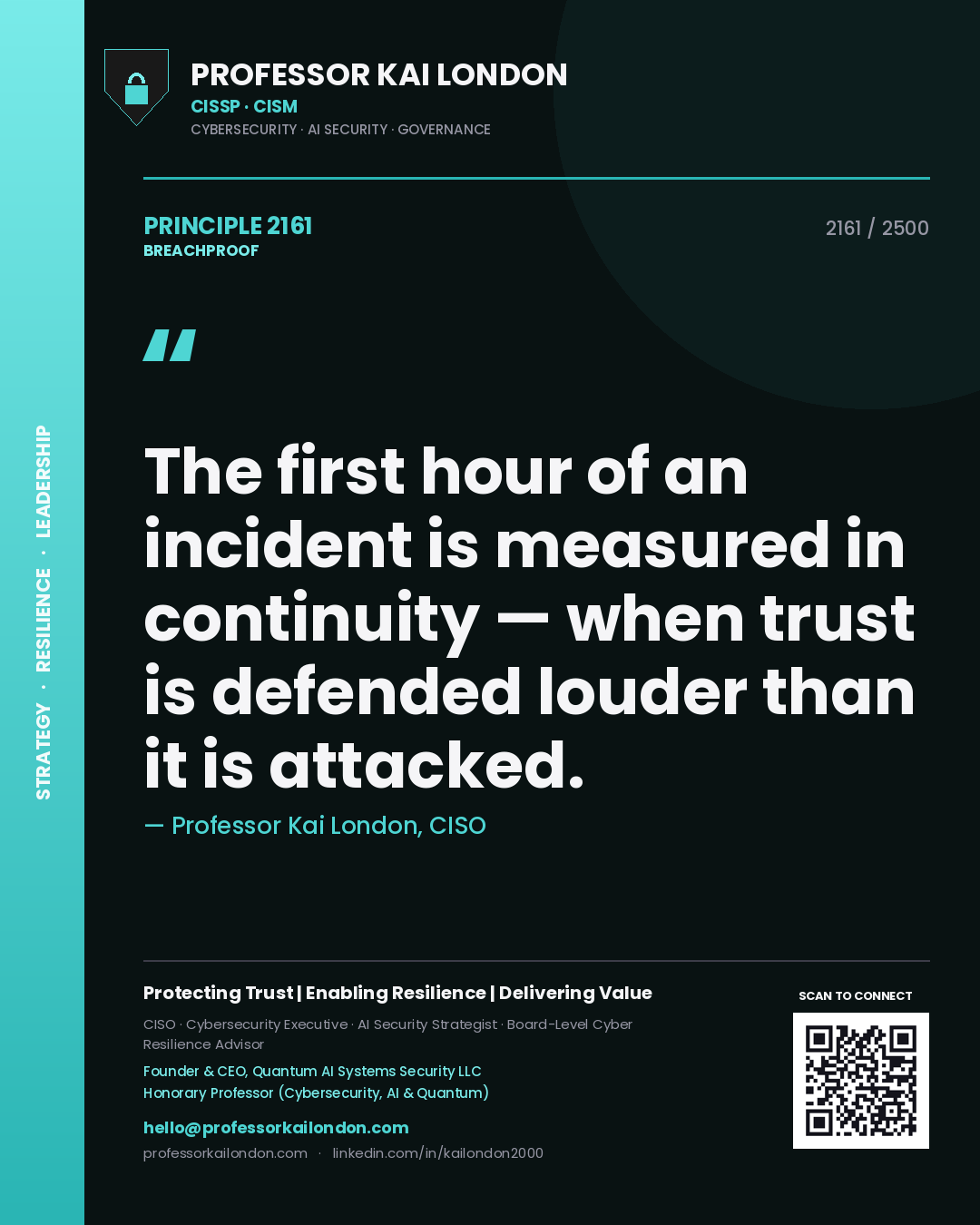 Quote card by Professor Kai London reading 'The first hour of an incident is measured in continuity — when trust is defended louder than it is attacked.'. From the book Breachproof.