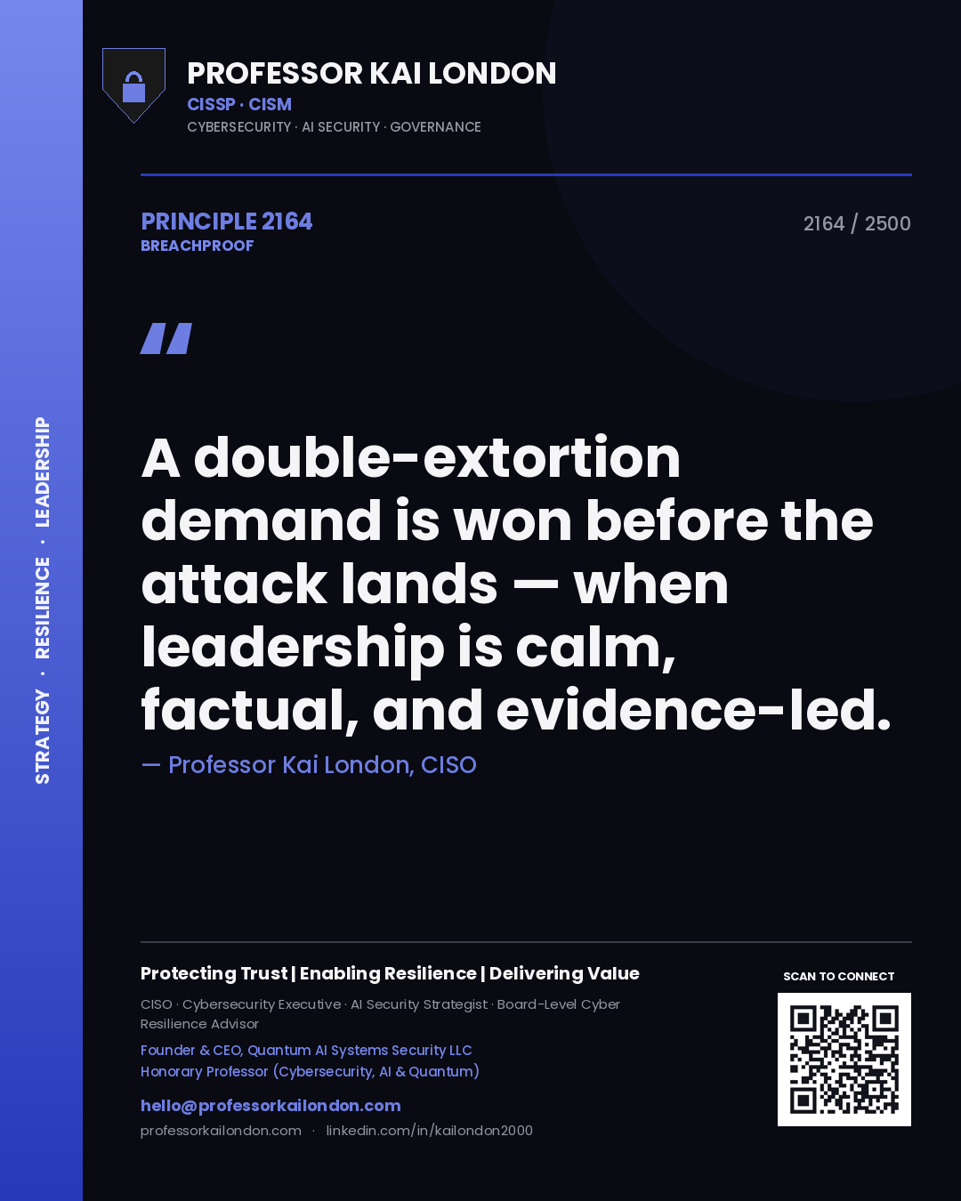 Quote card by Professor Kai London reading 'A double-extortion demand is won before the attack lands — when leadership is calm, factual, and evidence-led.'. From the book Breachproof.