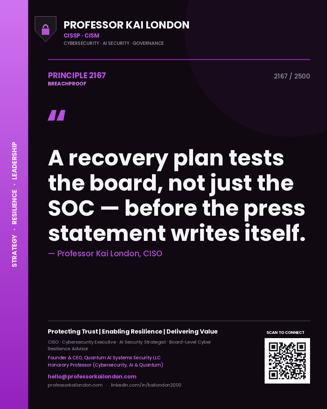 Quote card by Professor Kai London reading 'A recovery plan tests the board, not just the SOC — before the press statement writes itself.'. From the book Breachproof.