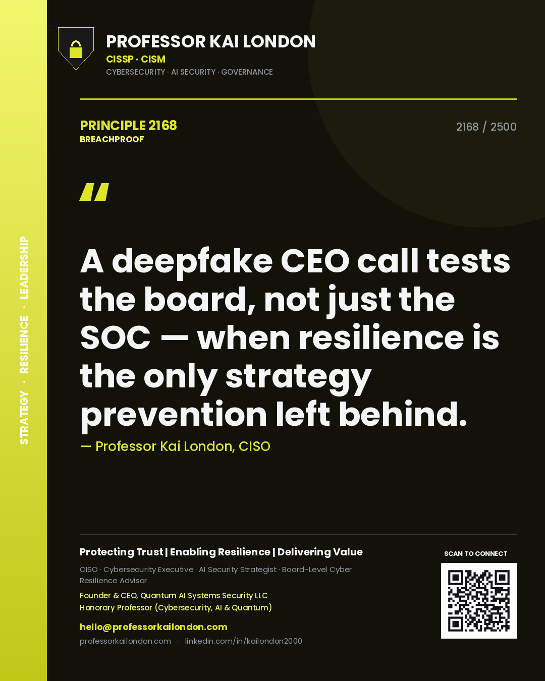 Quote card by Professor Kai London reading 'A deepfake CEO call tests the board, not just the SOC — when resilience is the only strategy prevention left behind.'. From the book Breachproof.