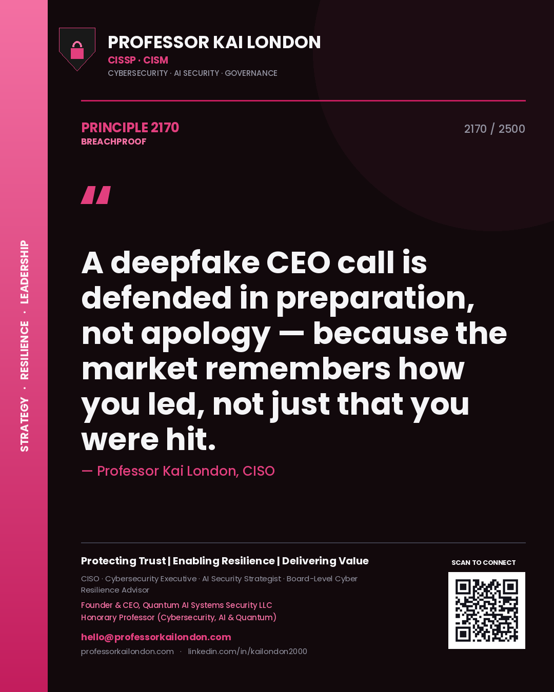 Professor Kai London principle 2170: A deepfake CEO call is defended in preparation, not apology — because the market remembers how you led, not just that you were hit.