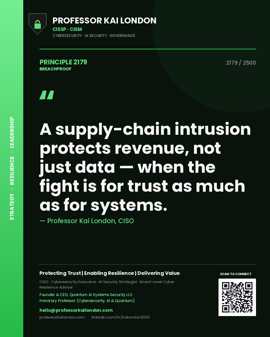 Quote card by Professor Kai London reading 'A supply-chain intrusion protects revenue, not just data — when the fight is for trust as much as for systems.'. From the book Breachproof.