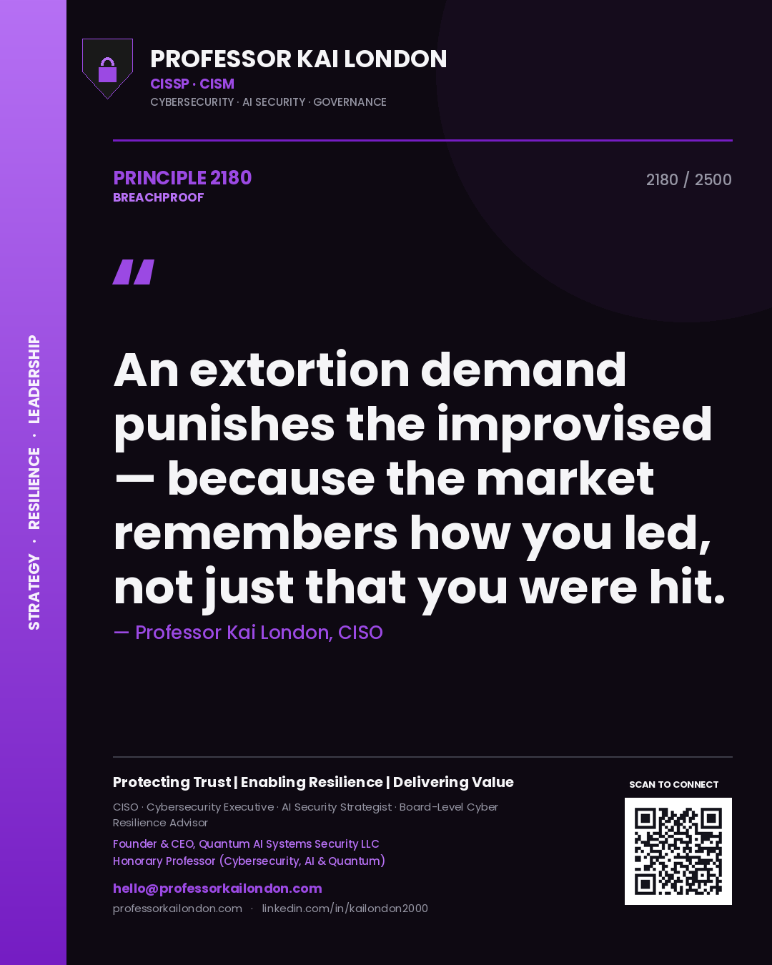 Quote card by Professor Kai London reading 'An extortion demand punishes the improvised — because the market remembers how you led, not just that you were hit.'. From the book Breachproof.