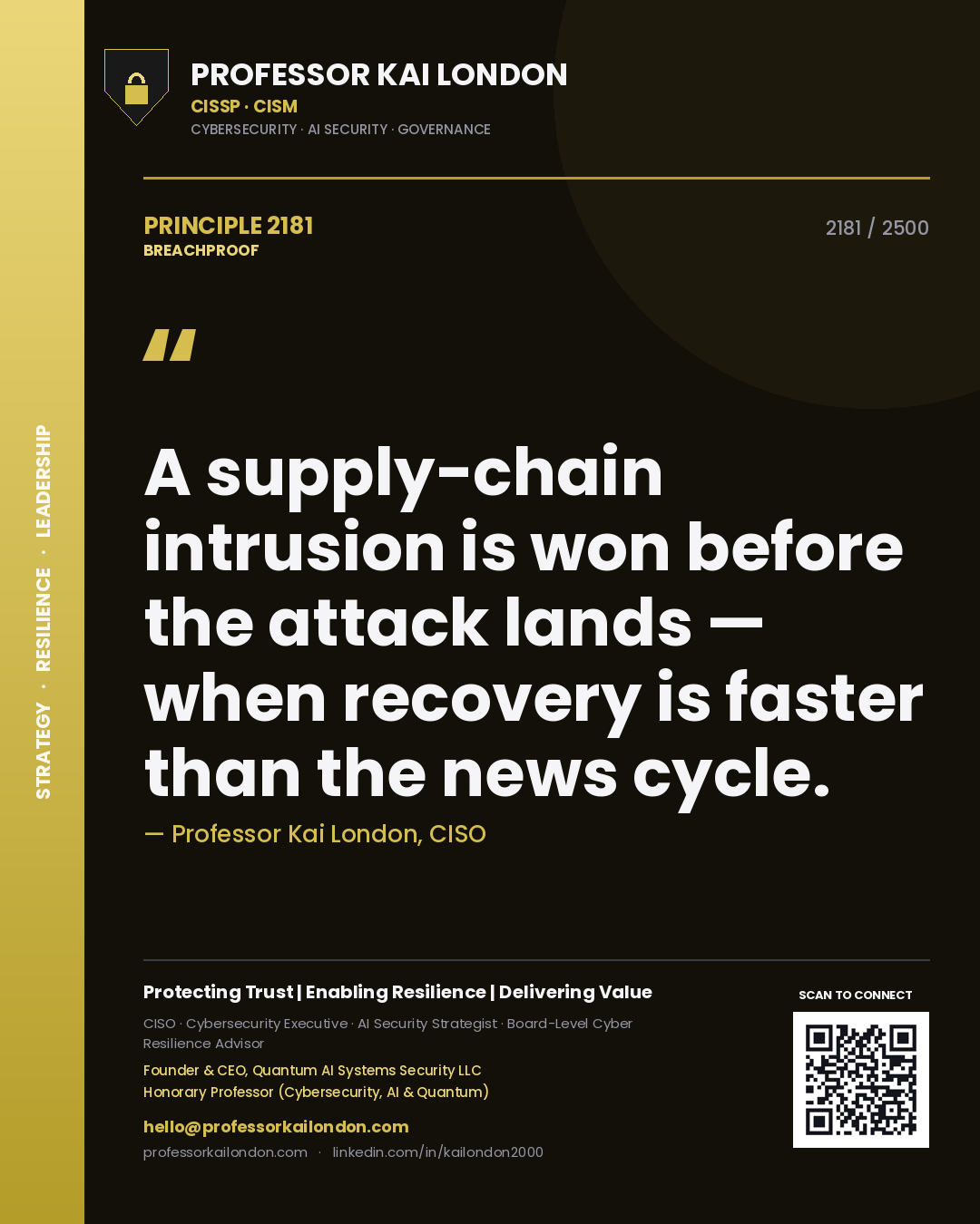 Quote card by Professor Kai London reading 'A supply-chain intrusion is won before the attack lands — when recovery is faster than the news cycle.'. From the book Breachproof.