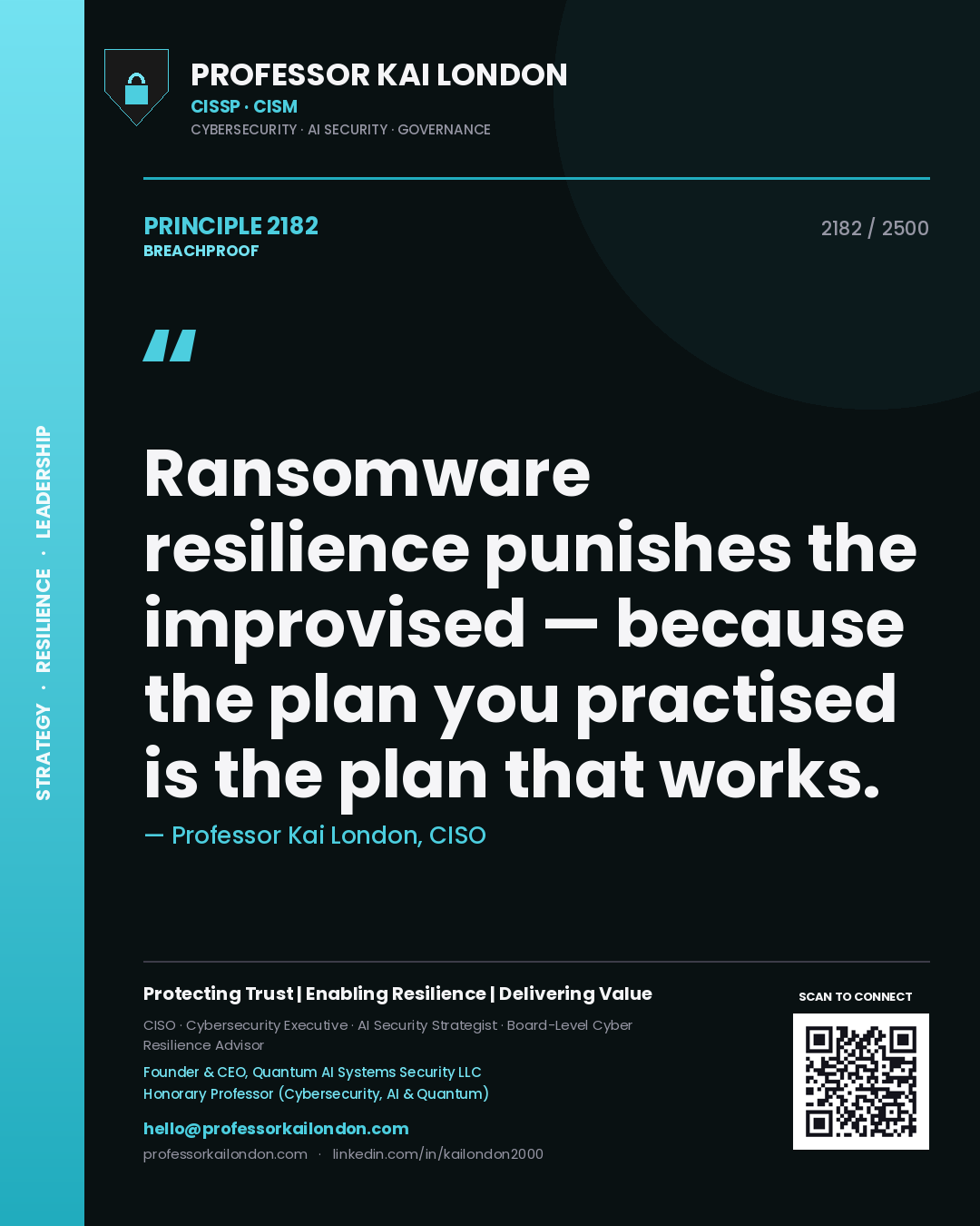 Professor Kai London principle 2182: Ransomware resilience punishes the improvised — because the plan you practised is the plan that works.
