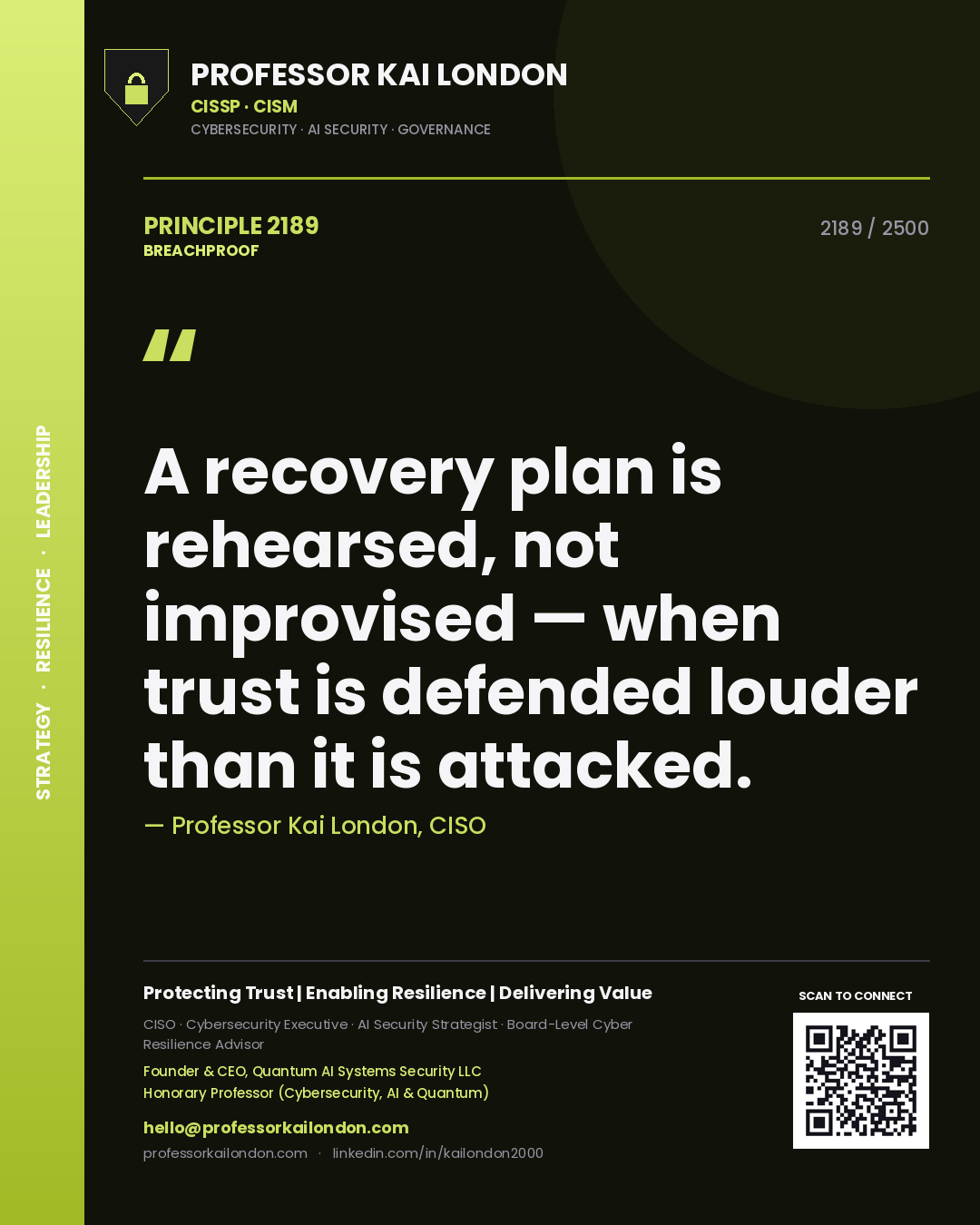 Quote card by Professor Kai London reading 'A recovery plan is rehearsed, not improvised — when trust is defended louder than it is attacked.'. From the book Breachproof.