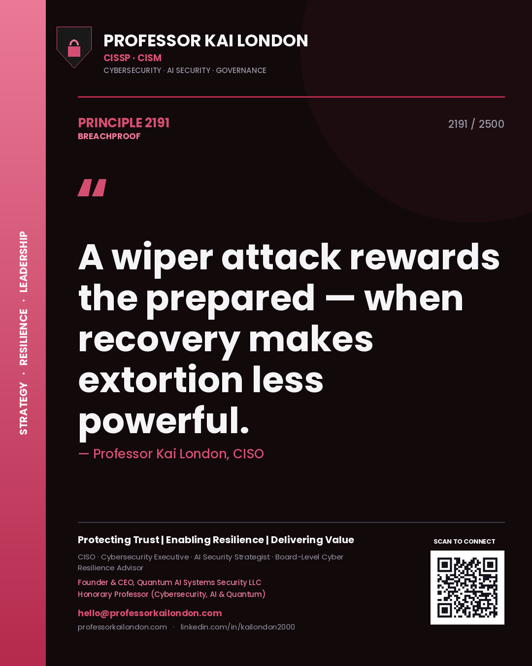 Quote card by Professor Kai London reading 'A wiper attack rewards the prepared — when recovery makes extortion less powerful.'. From the book Breachproof.