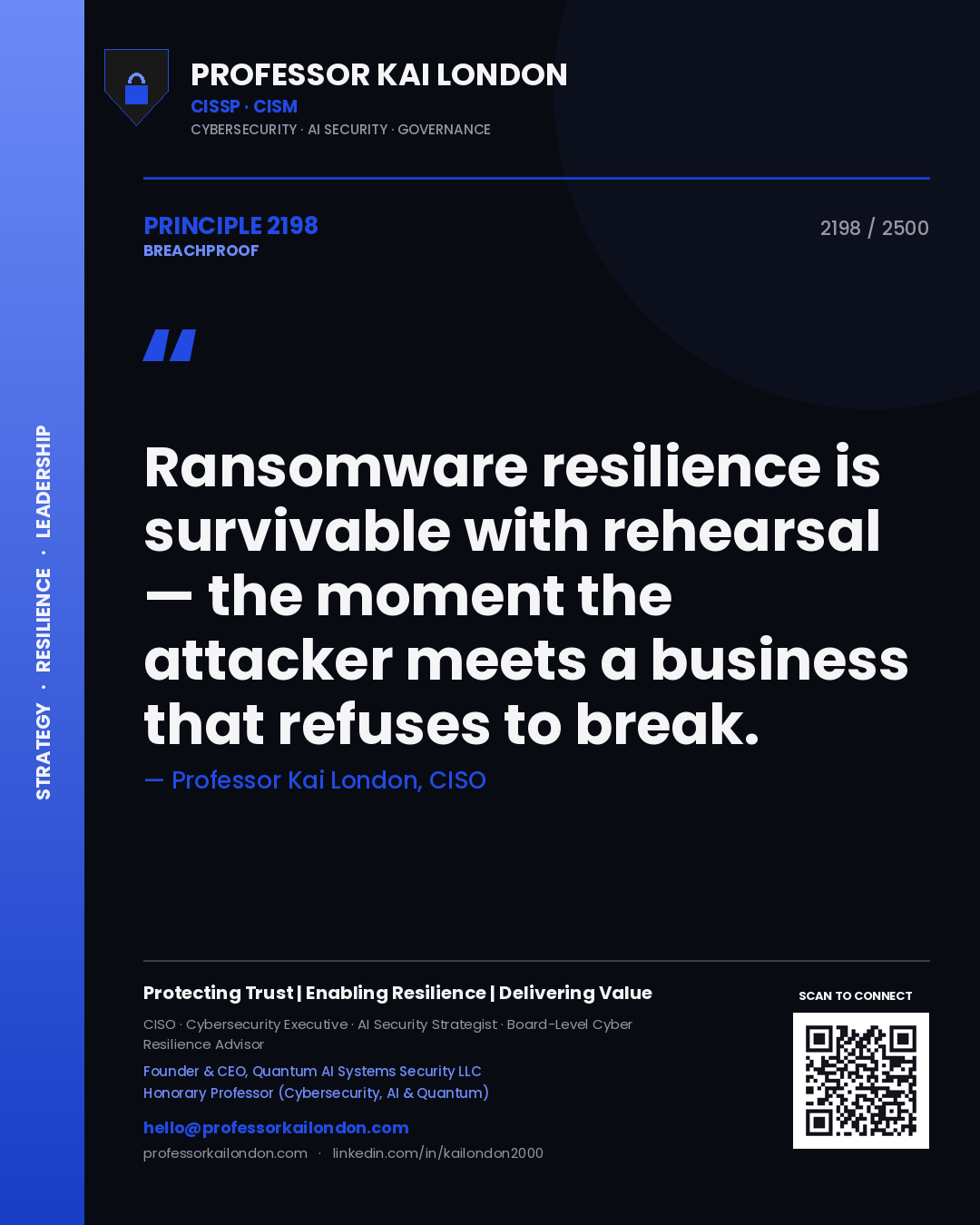 Quote card by Professor Kai London reading 'Ransomware resilience is survivable with rehearsal — the moment the attacker meets a business that refuses to break.'. From the book Breachproof.