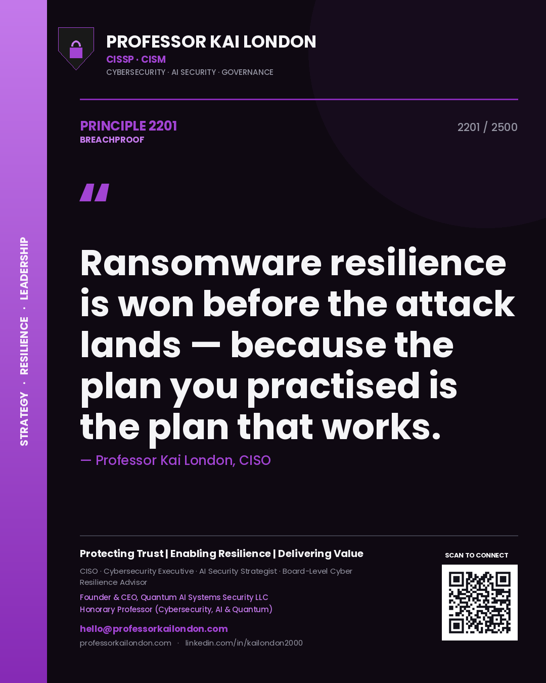 Quote card by Professor Kai London reading 'Ransomware resilience is won before the attack lands — because the plan you practised is the plan that works.'. From the book Breachproof.