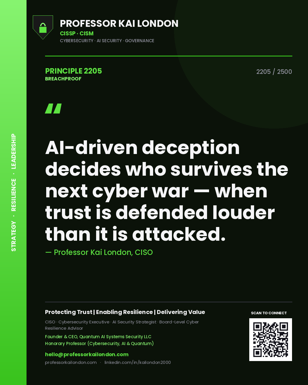 Professor Kai London principle 2205: AI-driven deception decides who survives the next cyber war — when trust is defended louder than it is attacked.