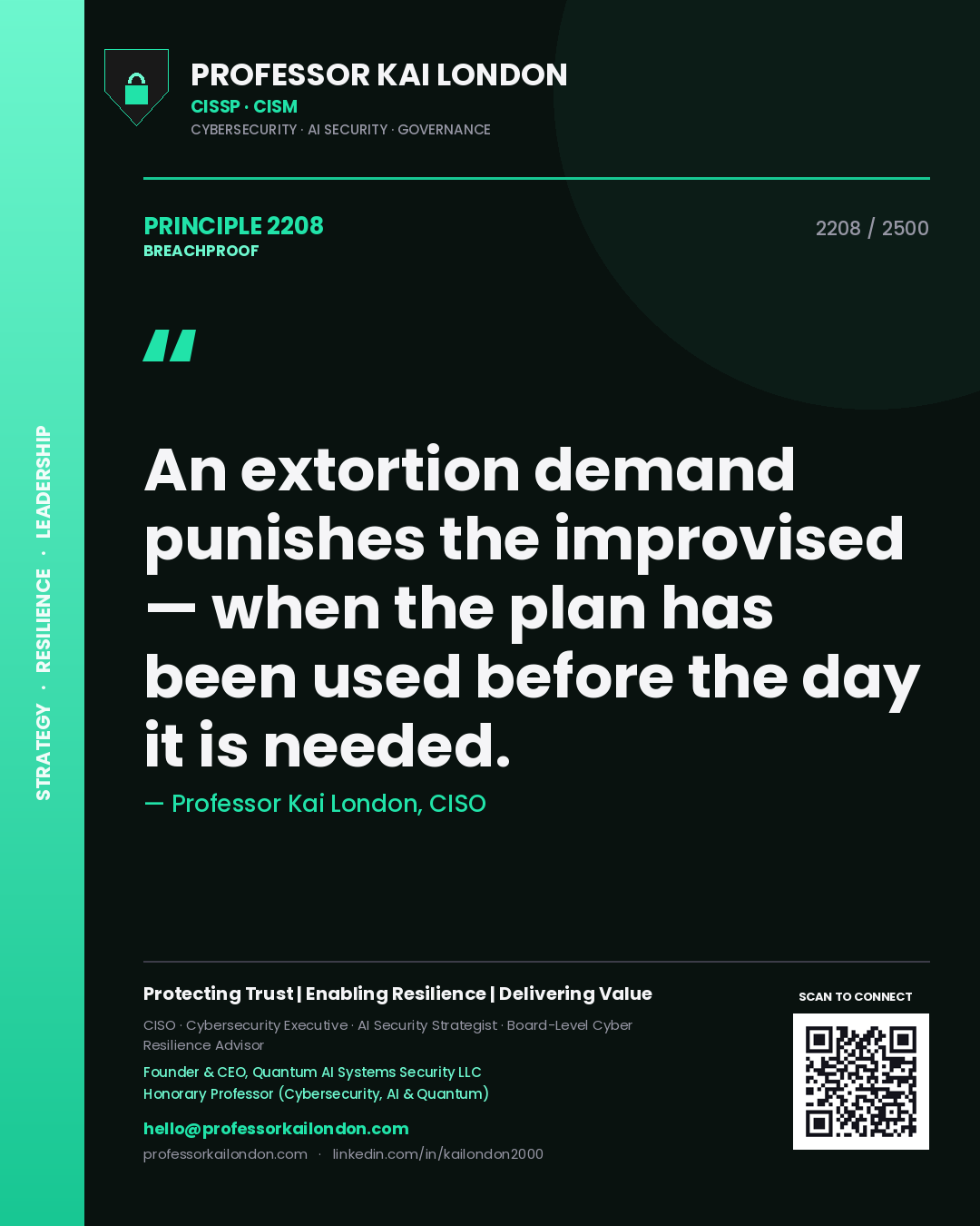 Quote card by Professor Kai London reading 'An extortion demand punishes the improvised — when the plan has been used before the day it is needed.'. From the book Breachproof.