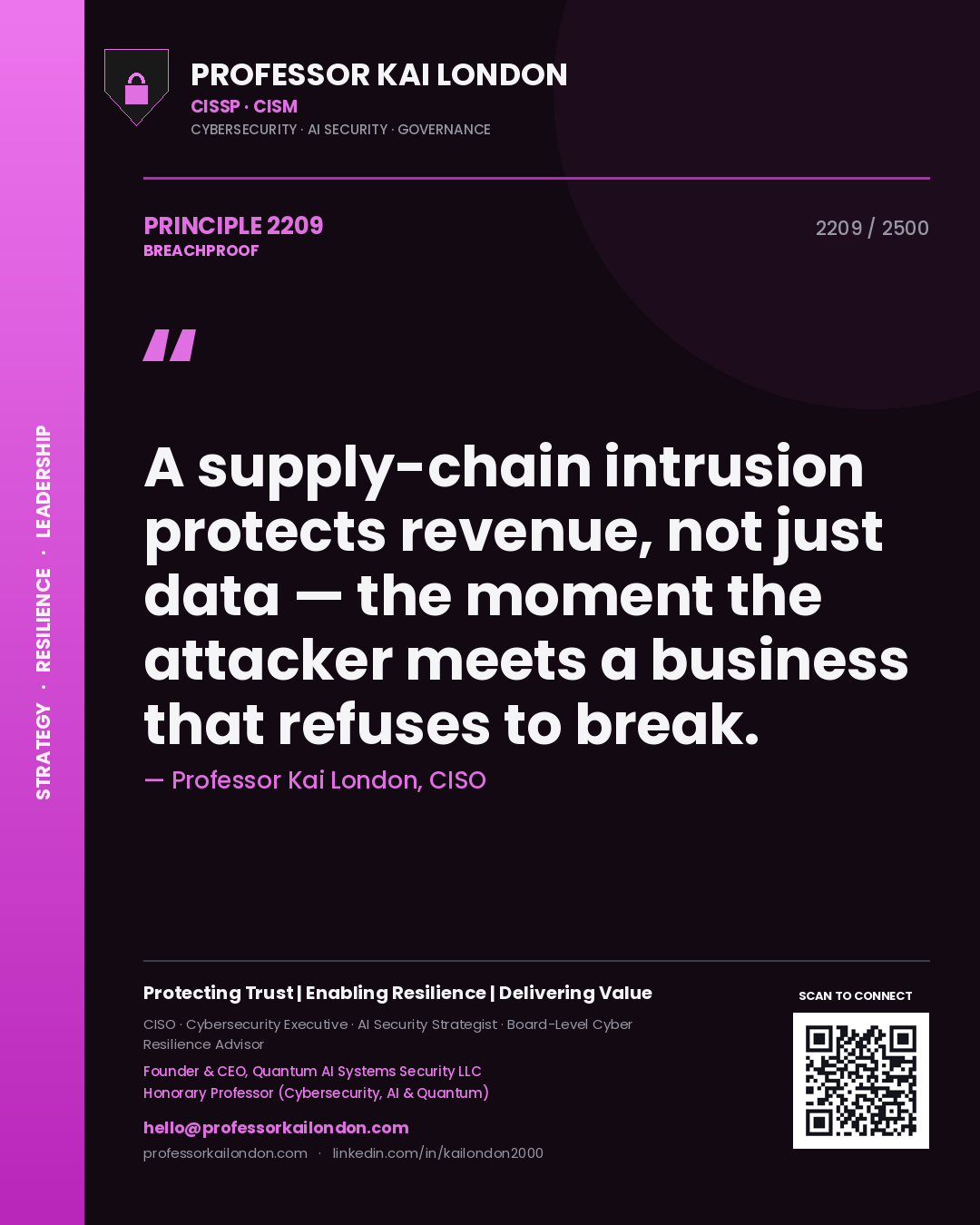Professor Kai London principle 2209: A supply-chain intrusion protects revenue, not just data — the moment the attacker meets a business that refuses to break.