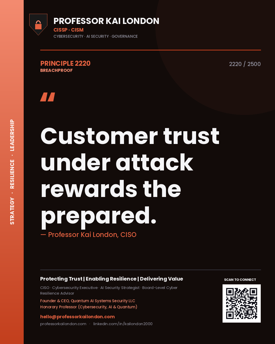 Quote card by Professor Kai London reading 'Customer trust under attack rewards the prepared.'. From the book Breachproof.