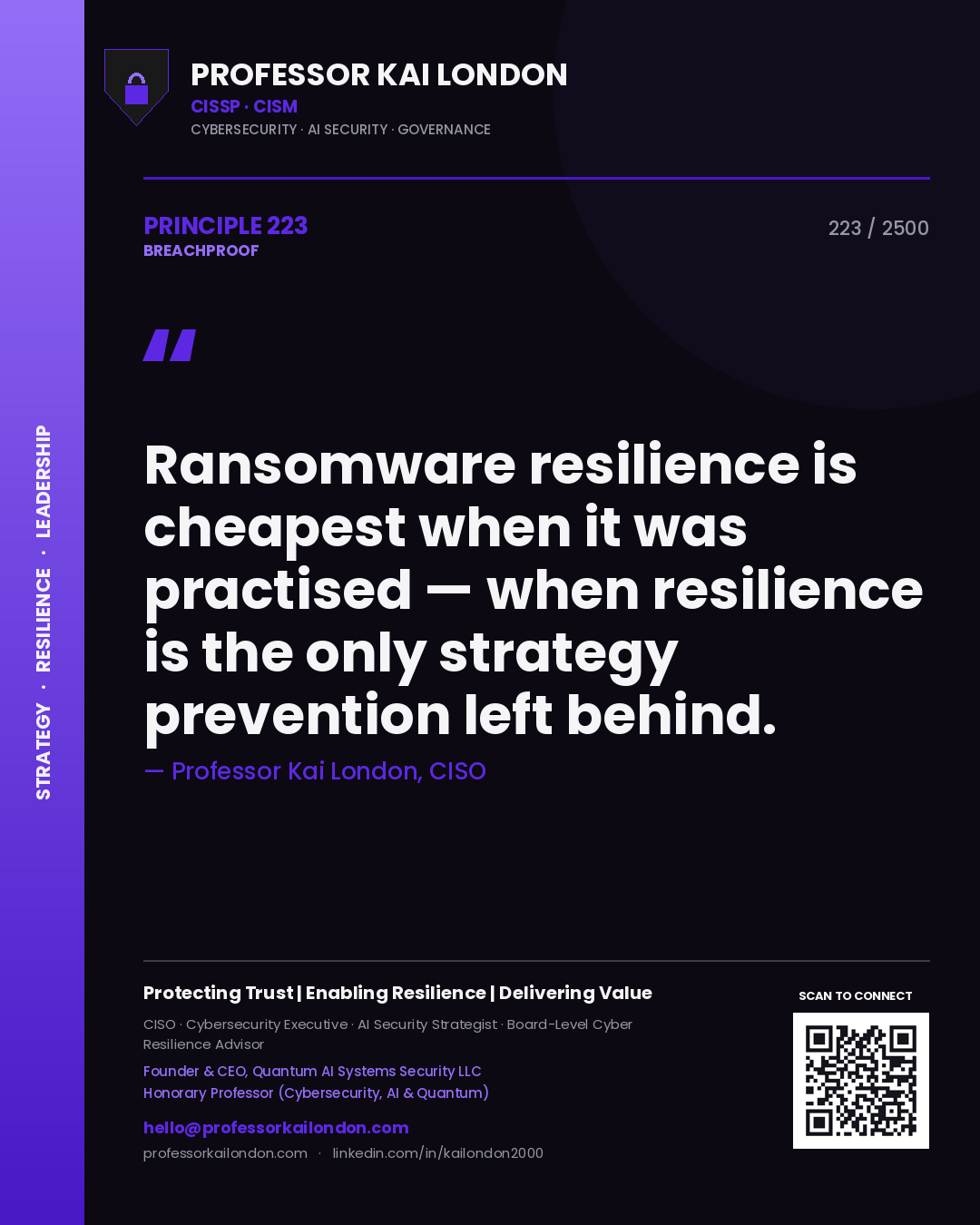 Professor Kai London principle 223: Ransomware resilience is cheapest when it was practised — when resilience is the only strategy prevention left behind.