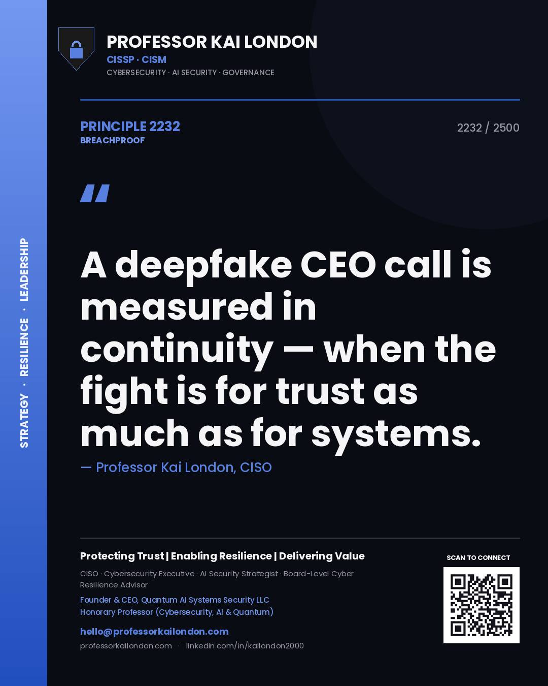 Professor Kai London principle 2232: A deepfake CEO call is measured in continuity — when the fight is for trust as much as for systems.