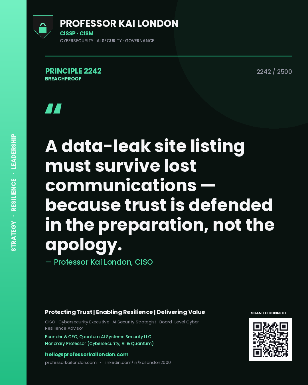 Quote card by Professor Kai London reading 'A data-leak site listing must survive lost communications — because trust is defended in the preparation, not the apology.'. From the book Breachproof.