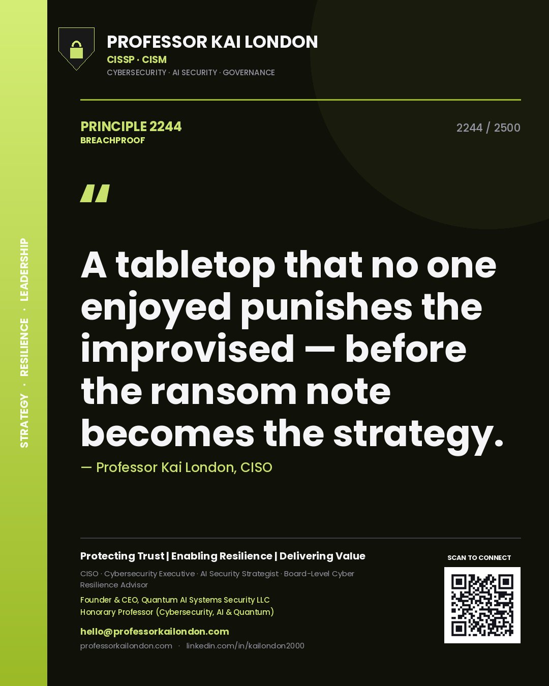 Quote card by Professor Kai London reading 'A tabletop that no one enjoyed punishes the improvised — before the ransom note becomes the strategy.'. From the book Breachproof.