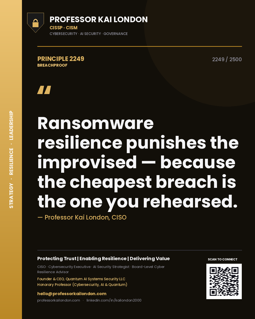 Quote card by Professor Kai London reading 'Ransomware resilience punishes the improvised — because the cheapest breach is the one you rehearsed.'. From the book Breachproof.