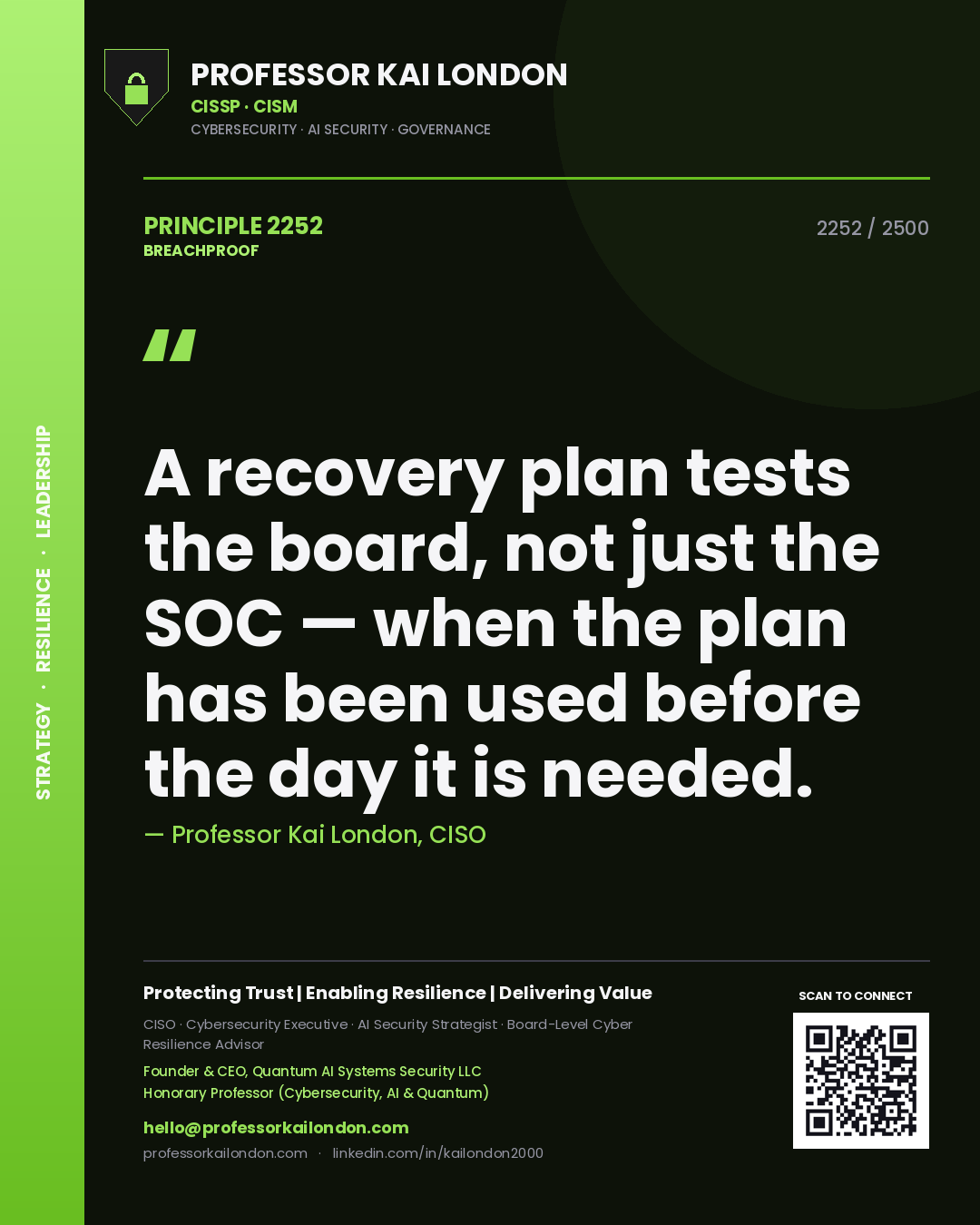 Quote card by Professor Kai London reading 'A recovery plan tests the board, not just the SOC — when the plan has been used before the day it is needed.'. From the book Breachproof.