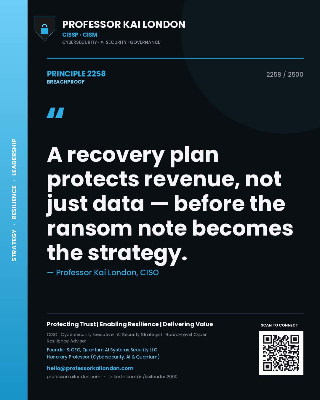 Quote card by Professor Kai London reading 'A recovery plan protects revenue, not just data — before the ransom note becomes the strategy.'. From the book Breachproof.