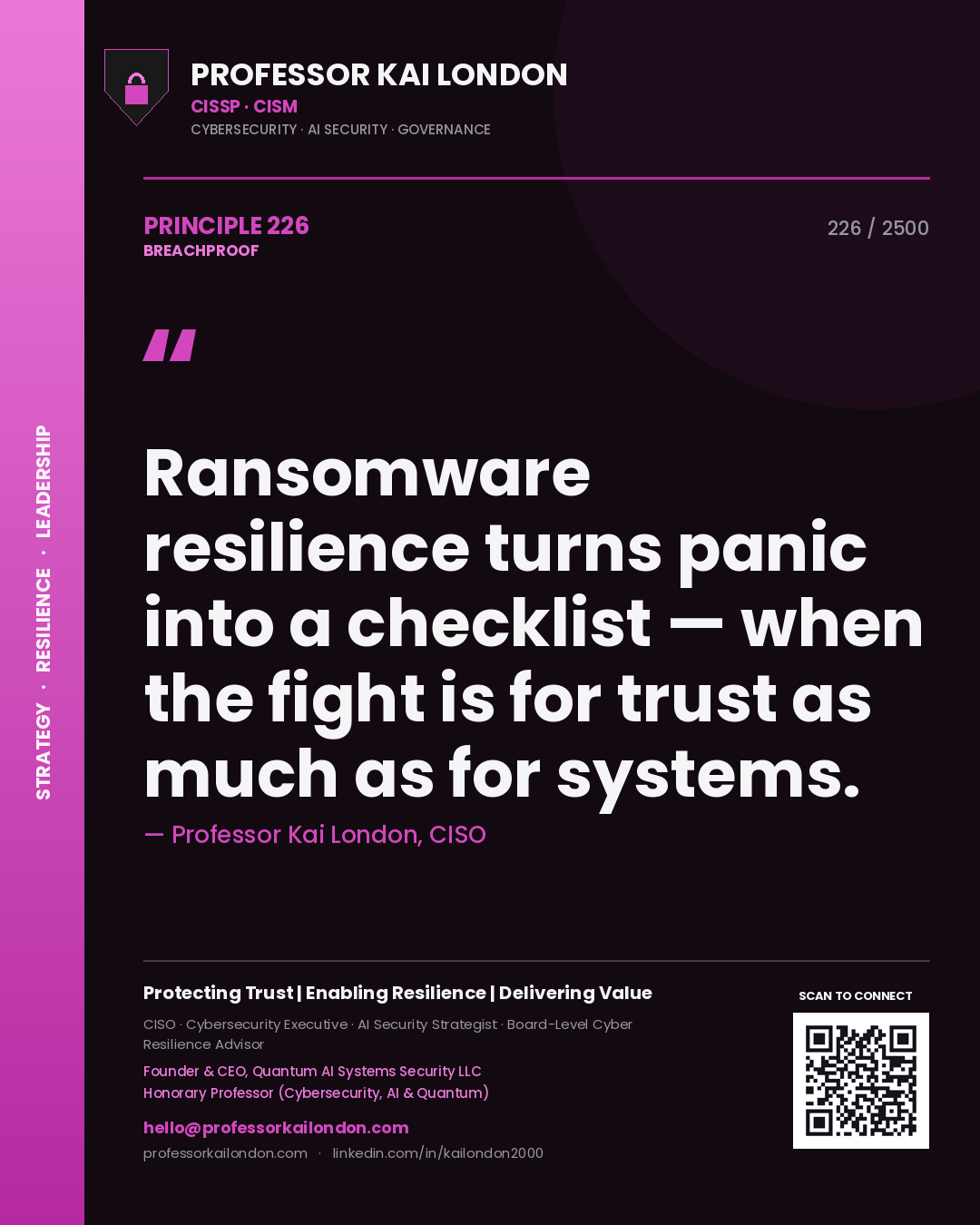 Quote card by Professor Kai London reading 'Ransomware resilience turns panic into a checklist — when the fight is for trust as much as for systems.'. From the book Breachproof.