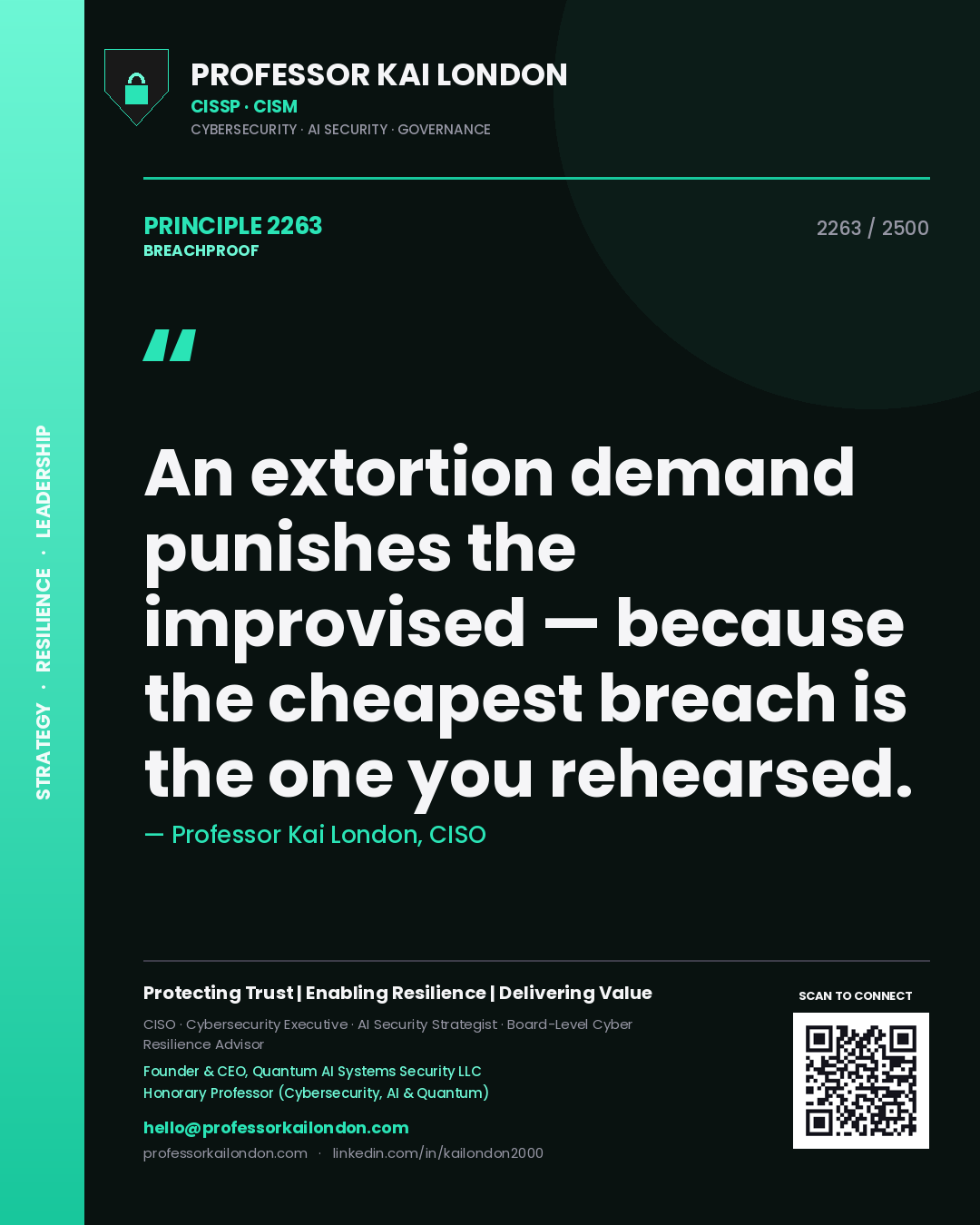 Quote card by Professor Kai London reading 'An extortion demand punishes the improvised — because the cheapest breach is the one you rehearsed.'. From the book Breachproof.
