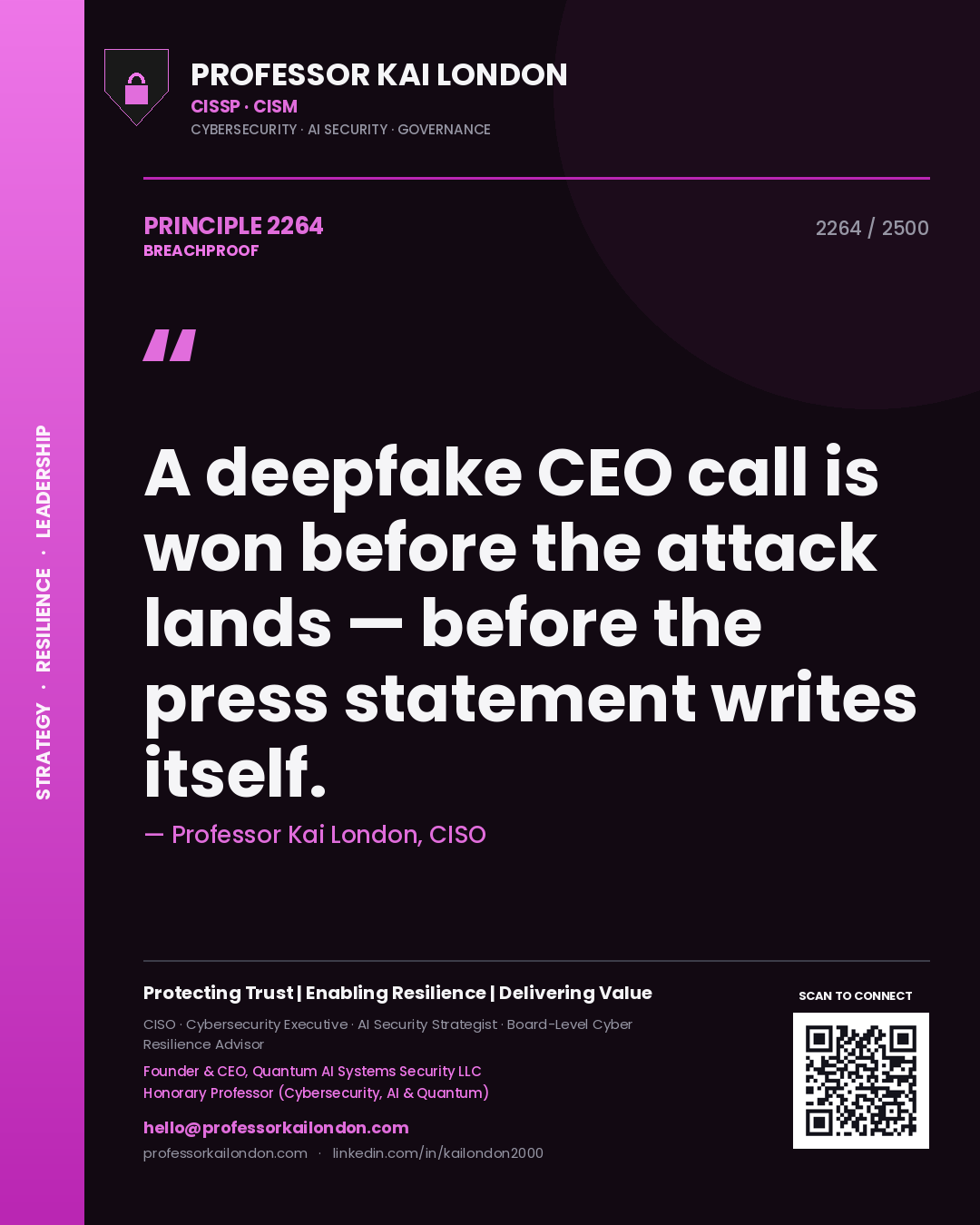 Quote card by Professor Kai London reading 'A deepfake CEO call is won before the attack lands — before the press statement writes itself.'. From the book Breachproof.