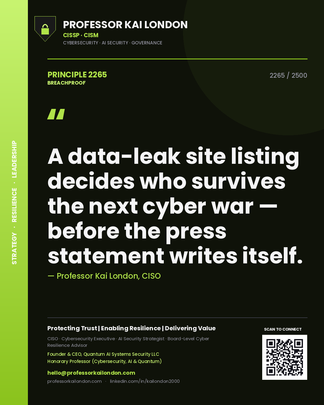 Quote card by Professor Kai London reading 'A data-leak site listing decides who survives the next cyber war — before the press statement writes itself.'. From the book Breachproof.