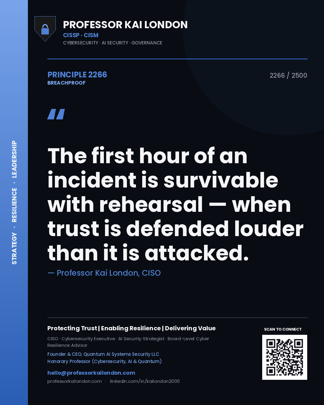 Quote card by Professor Kai London reading 'The first hour of an incident is survivable with rehearsal — when trust is defended louder than it is attacked.'. From the book Breachproof.