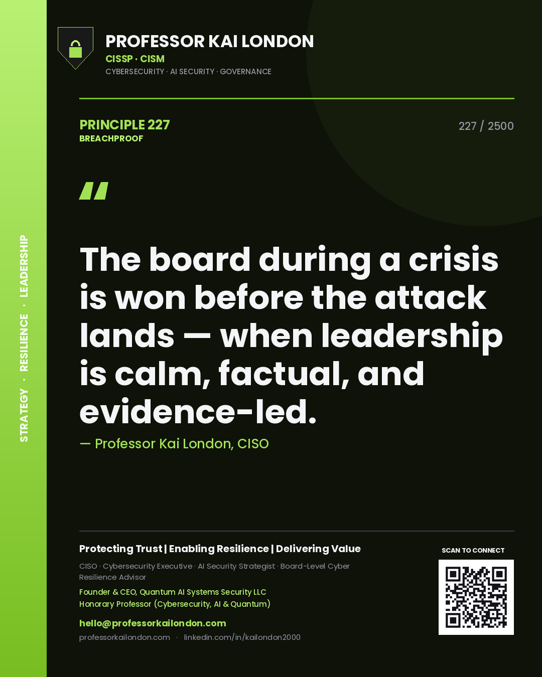 Professor Kai London principle 227: The board during a crisis is won before the attack lands — when leadership is calm, factual, and evidence-led.