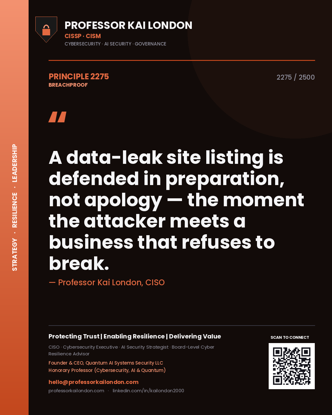 Quote card by Professor Kai London reading 'A data-leak site listing is defended in preparation, not apology — the moment the attacker meets a business that refuses to break.'. From the book Breachproof.