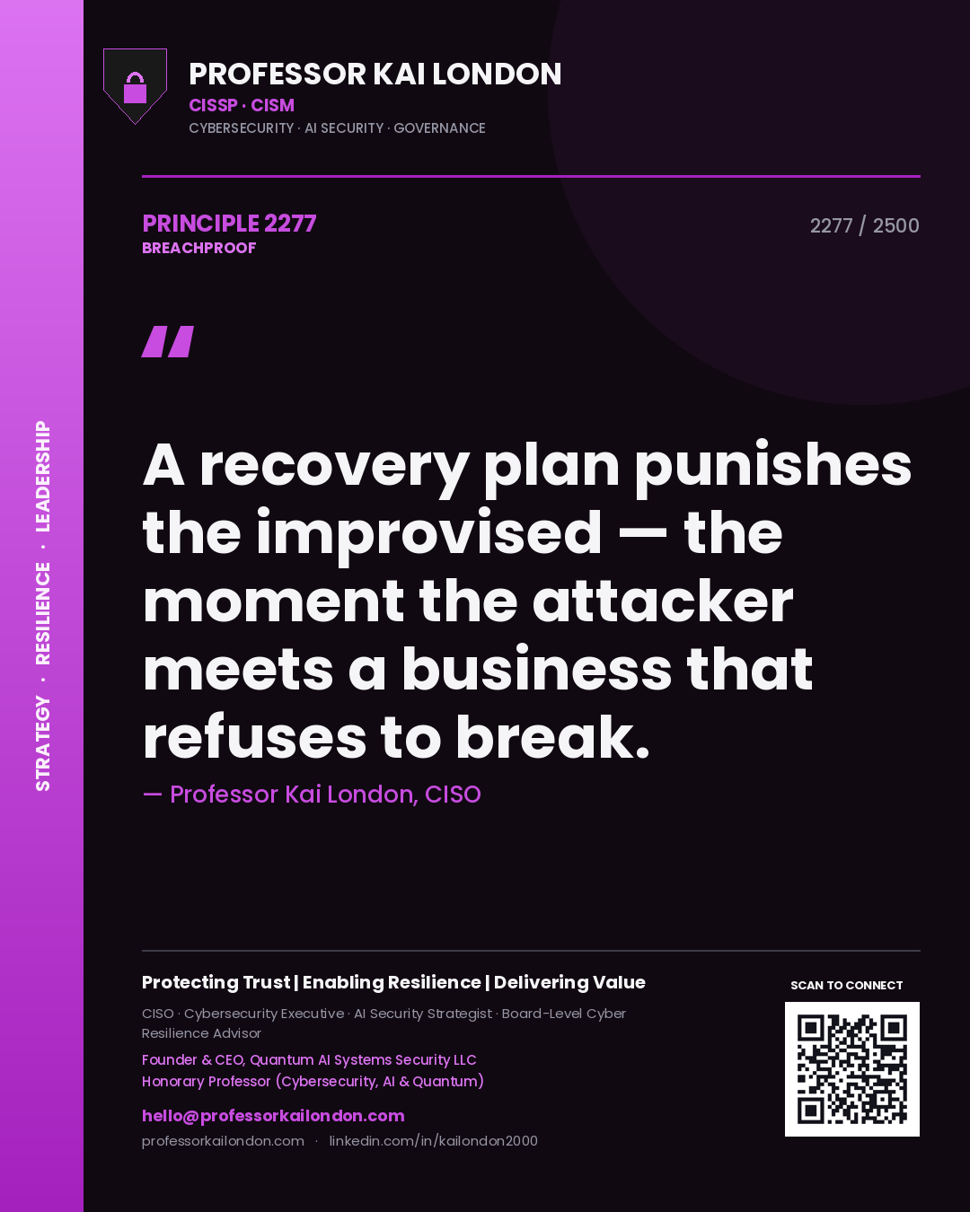 Professor Kai London principle 2277: A recovery plan punishes the improvised — the moment the attacker meets a business that refuses to break.