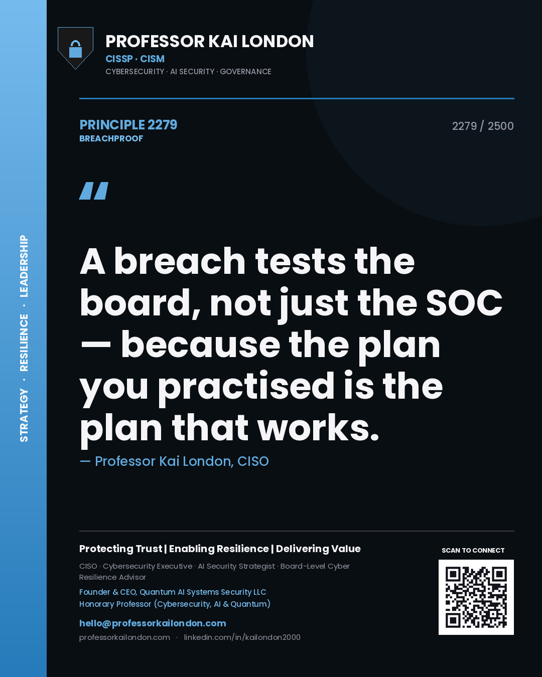 Quote card by Professor Kai London reading 'A breach tests the board, not just the SOC — because the plan you practised is the plan that works.'. From the book Breachproof.