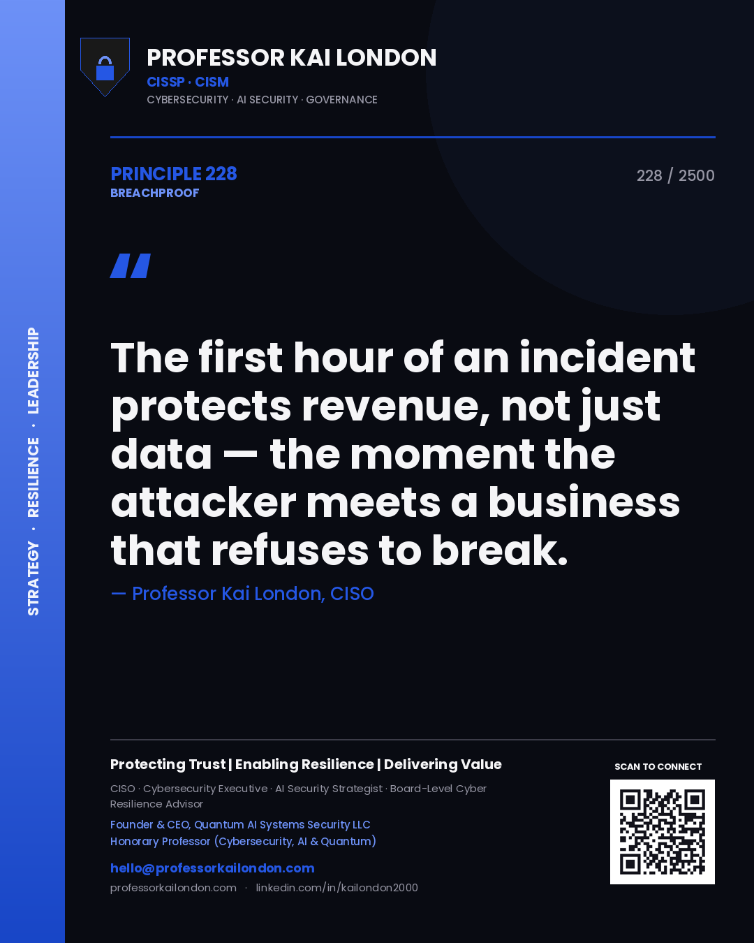 Professor Kai London principle 228: The first hour of an incident protects revenue, not just data — the moment the attacker meets a business that refuses to break.