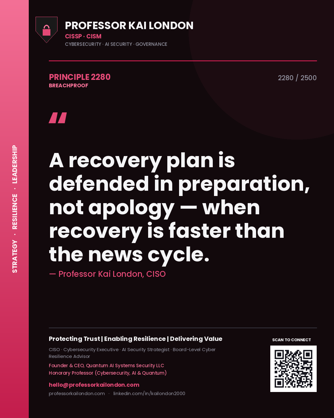 Quote card by Professor Kai London reading 'A recovery plan is defended in preparation, not apology — when recovery is faster than the news cycle.'. From the book Breachproof.