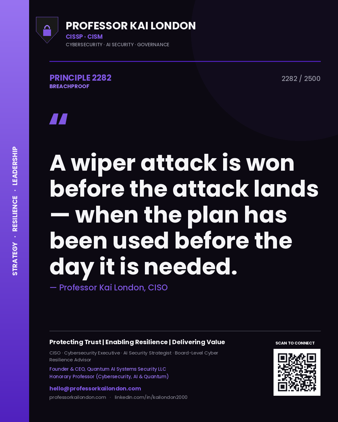 Quote card by Professor Kai London reading 'A wiper attack is won before the attack lands — when the plan has been used before the day it is needed.'. From the book Breachproof.