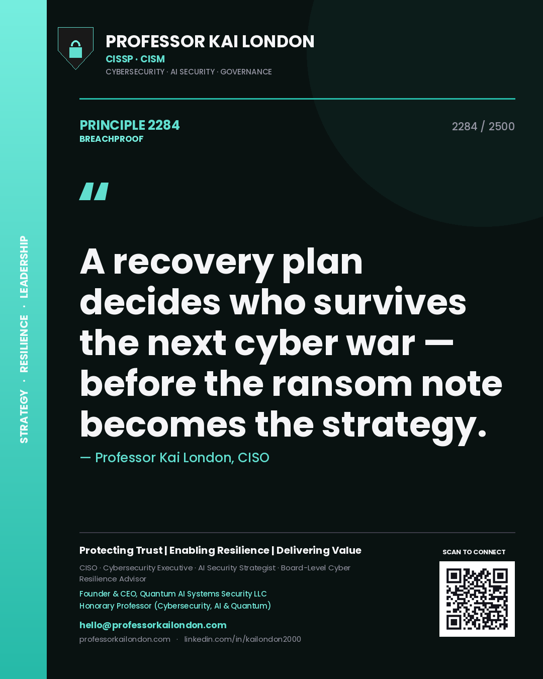 Professor Kai London principle 2284: A recovery plan decides who survives the next cyber war — before the ransom note becomes the strategy.