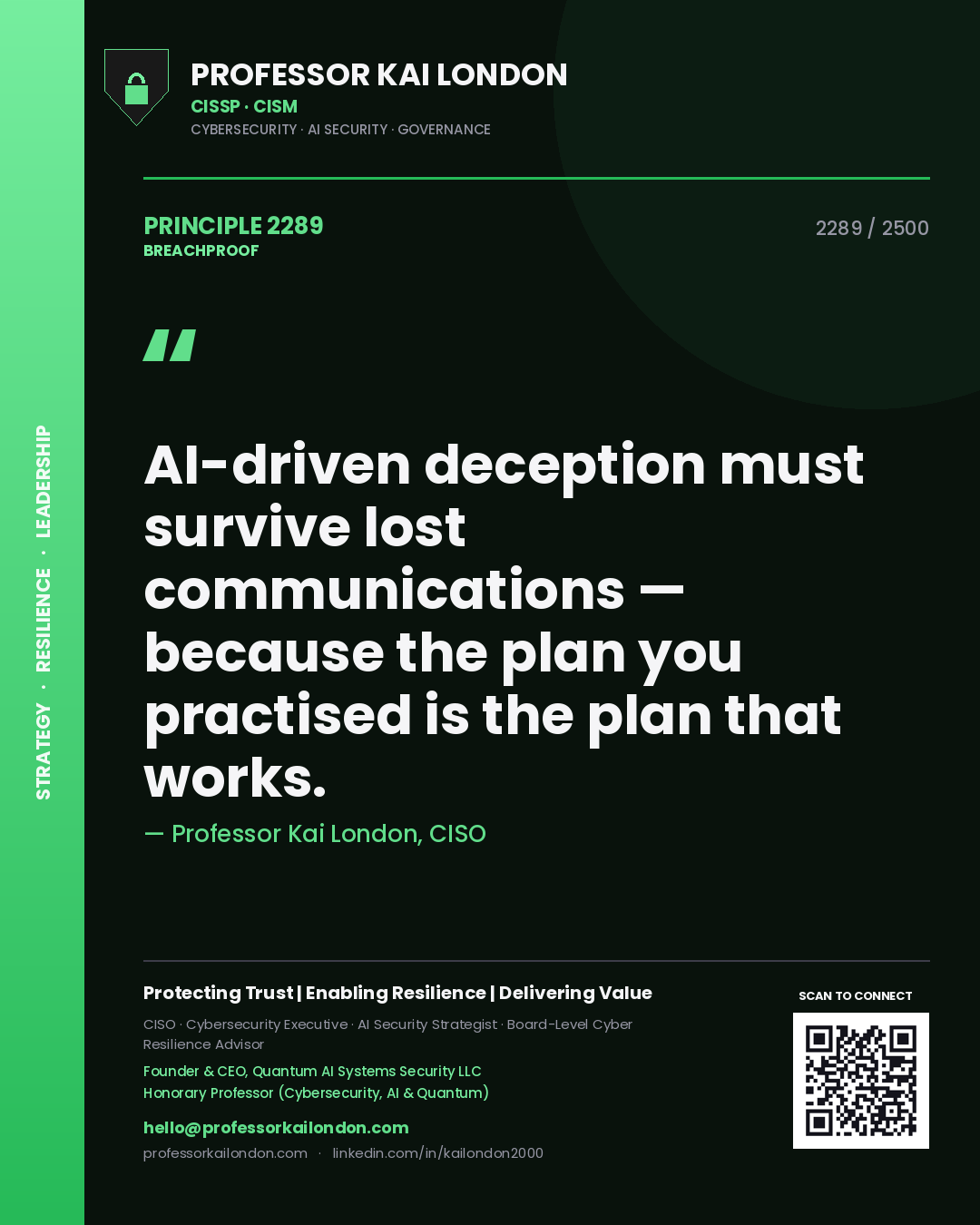 Quote card by Professor Kai London reading 'AI-driven deception must survive lost communications — because the plan you practised is the plan that works.'. From the book Breachproof.
